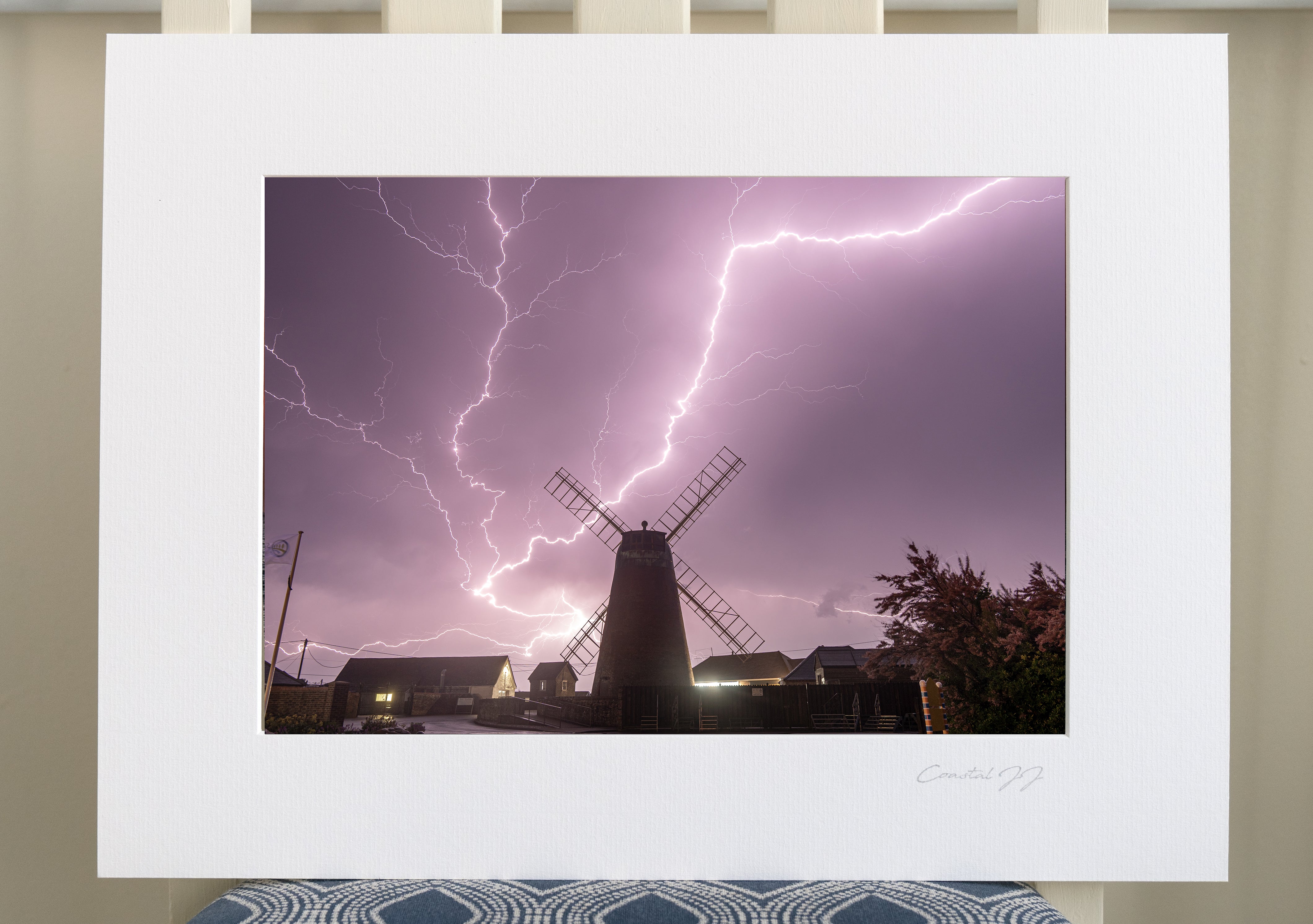 'Lightning Over Medmerry Mill' Mounted Print